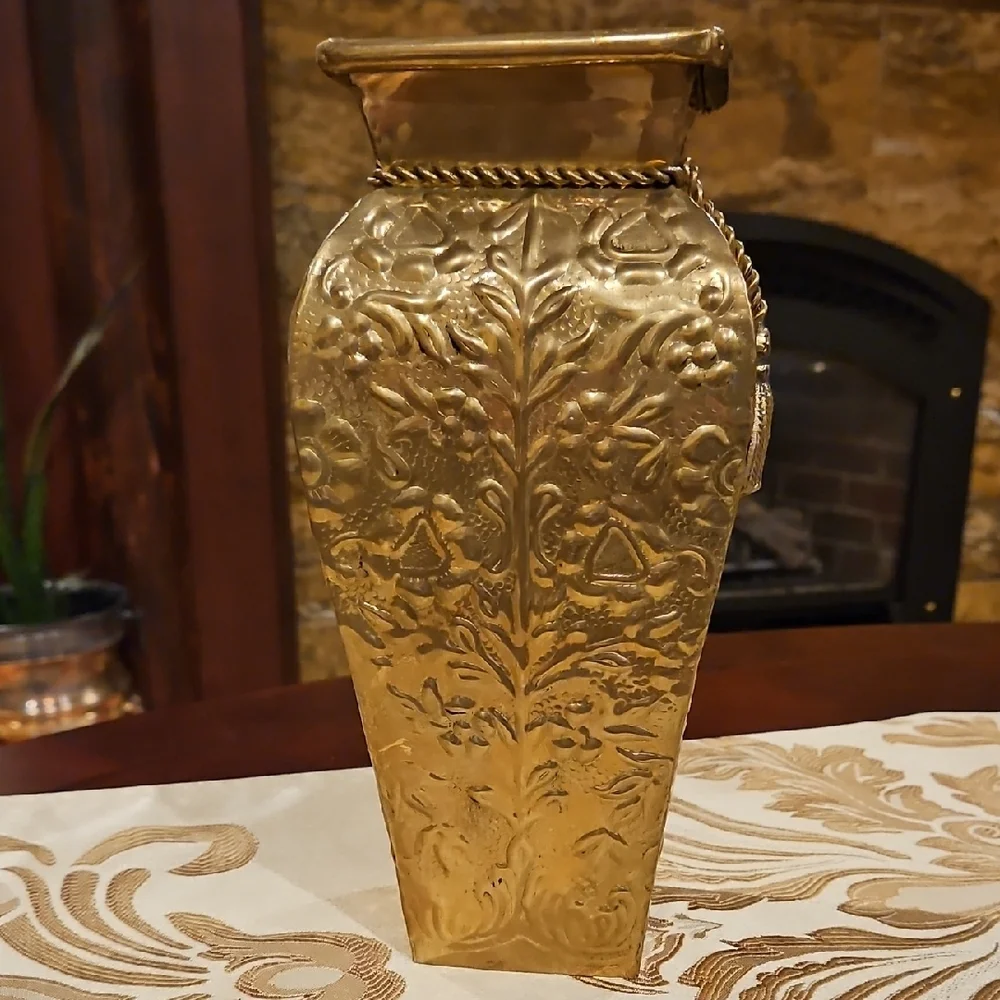 Hosley Classic Collection Embossed Brass Floral Square Top Vase/Umbrella Holder
